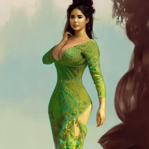 Prompt: demi rose wearing a green kebaya, digital painting, artstation, concept art, sharp focus, illustration, art by artgerm and greg rutkowski and alphonse mucha