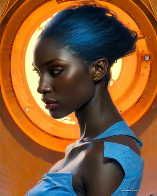 Prompt: Portrait of very very very very very very beautiful nigerian woman, spacesuit, blue eyes, real life skin, intricate, elegant, highly detailed, artstation, concept art, smooth, sharp focus, art by artgerm and greg rutkowski and alphonse mucha