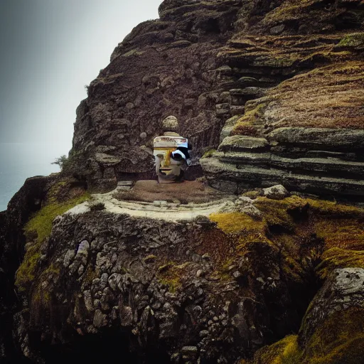 Image similar to huge stone buddha statue on a cliff, rule of thirds, 8 k, moody, water, intense color, highly detailed, dream landscape, wide, cinematic, hyperrealistic, stone, old ruins,