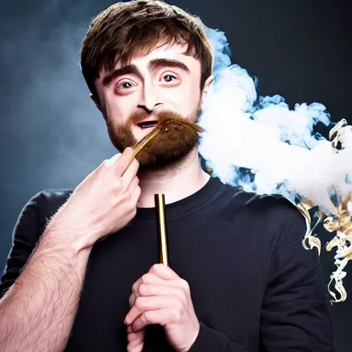 Image similar to daniel radcliffe exhaling a large puff of smoke from his custom gold laced bong