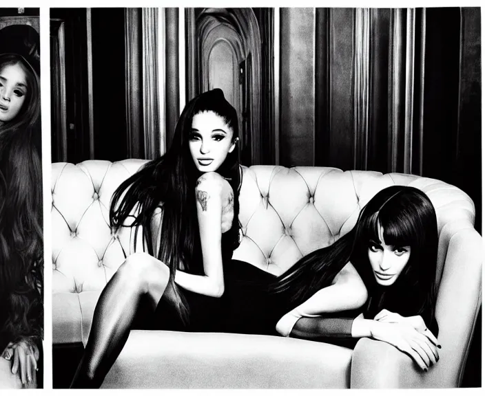 Image similar to award winning photo of Ariana Grande, Megan Fox sitting on a chesterfield lounge, symmetrical face, wide shot by Sally Mann & Arnold Newman,