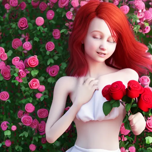 Prompt: portrait, cute teen girl with red hair dressed in white baby doll dress smiling, wearing natural makeup, holding a bouquet of roses in her hands, ultrarealistic, hyperrealism, cinematic, intricate detail, 3D rendered, photo realistic, clean detail, octane rendering, vray, unreal engine 5, 8k