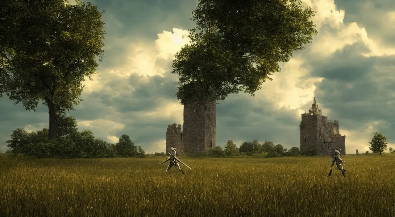 Prompt: a knight goes towards an old tower in a meadow with majestic clouds and trees, rendered with octane , cinematic lighting, hdri, 8k