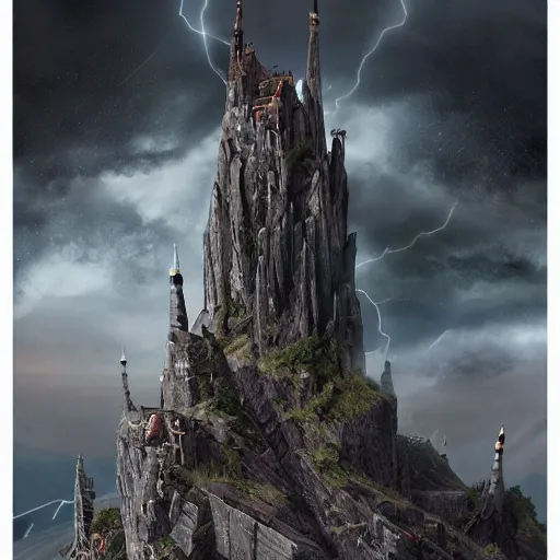 Prompt: A wizard's tower in a stormy mountain, symmetrical, intense, details, award winning, trending on ArtStation, no blur, volumetric lighting, dynamic scene, by Francisco Vaquero and Andrew Bosley