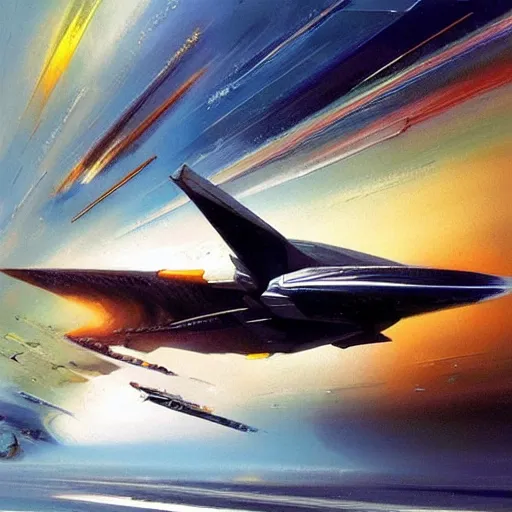 Image similar to futuristic spaceship jumping to warp lightspeed concept art oil painting by john berkey , minimal detailed, brush hard