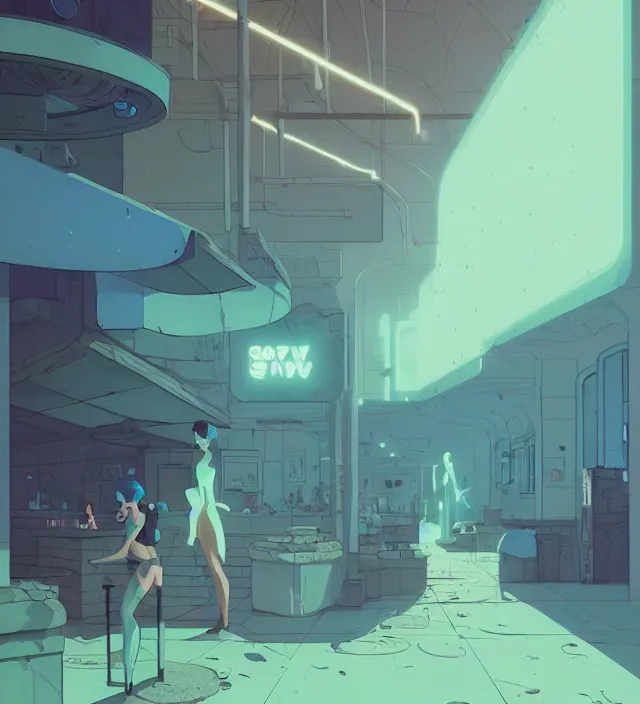 Image similar to vaporwave stone nightclub, naturel, art style by atey ghailan, greg rutkowski, greg tocchini, james gilleard, joe gb fenton, in kaethe butcher, dynamic lighting, gradient light blue, brown, blonde cream and white color in scheme, grunge aesthetic