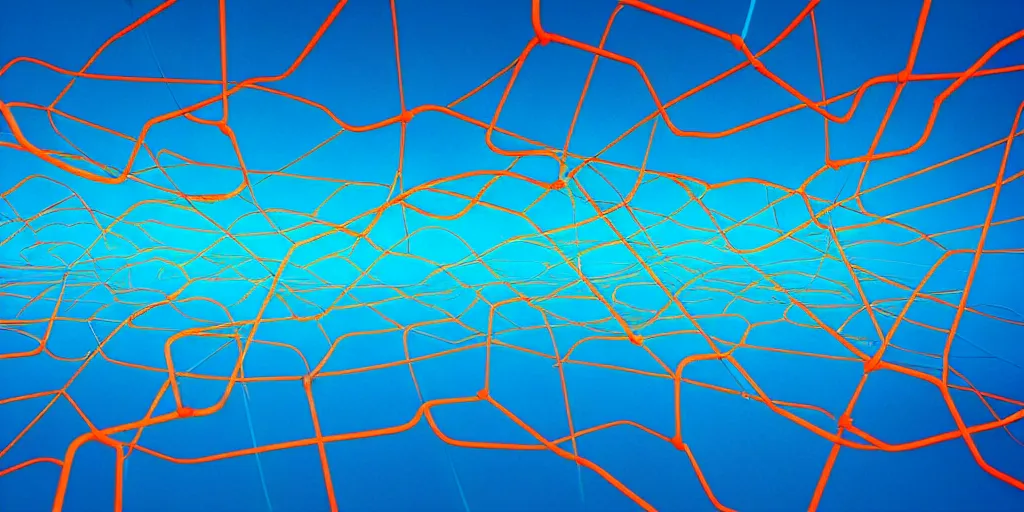 Prompt: Liquid Network connected to a cloud server, network pattern at the background. Minimalistic design, contemporary design, abstract design. Parallax. Blue, cyan and orange palette. Vivid, 8K, Epic, Masterpiece