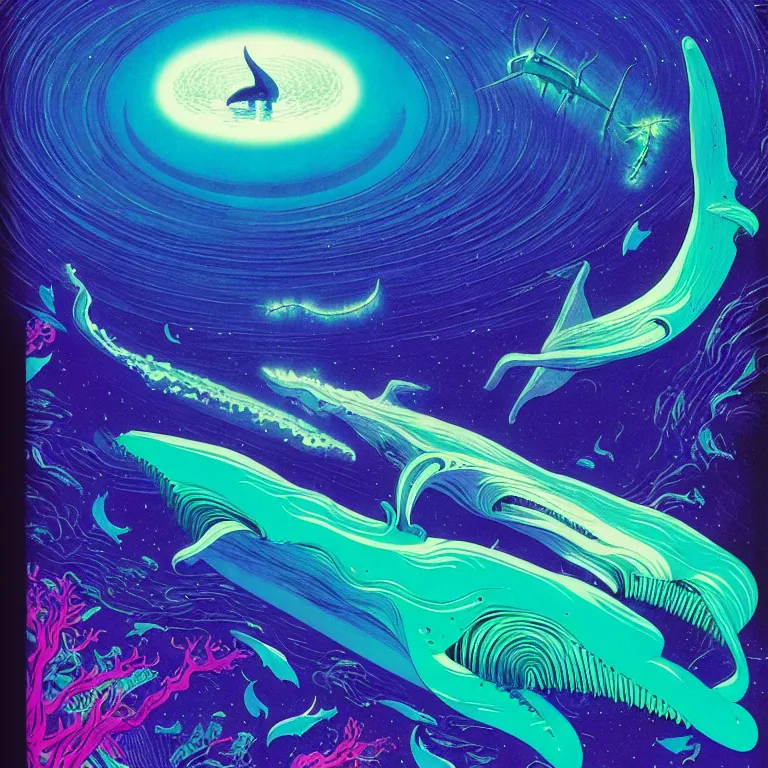 Image similar to interstellar aquatic whales, infinite fractal dimensional portal, bright neon colors, highly detailed, cinematic, eyvind earle, tim white, philippe druillet, roger dean, lisa frank, aubrey beardsley