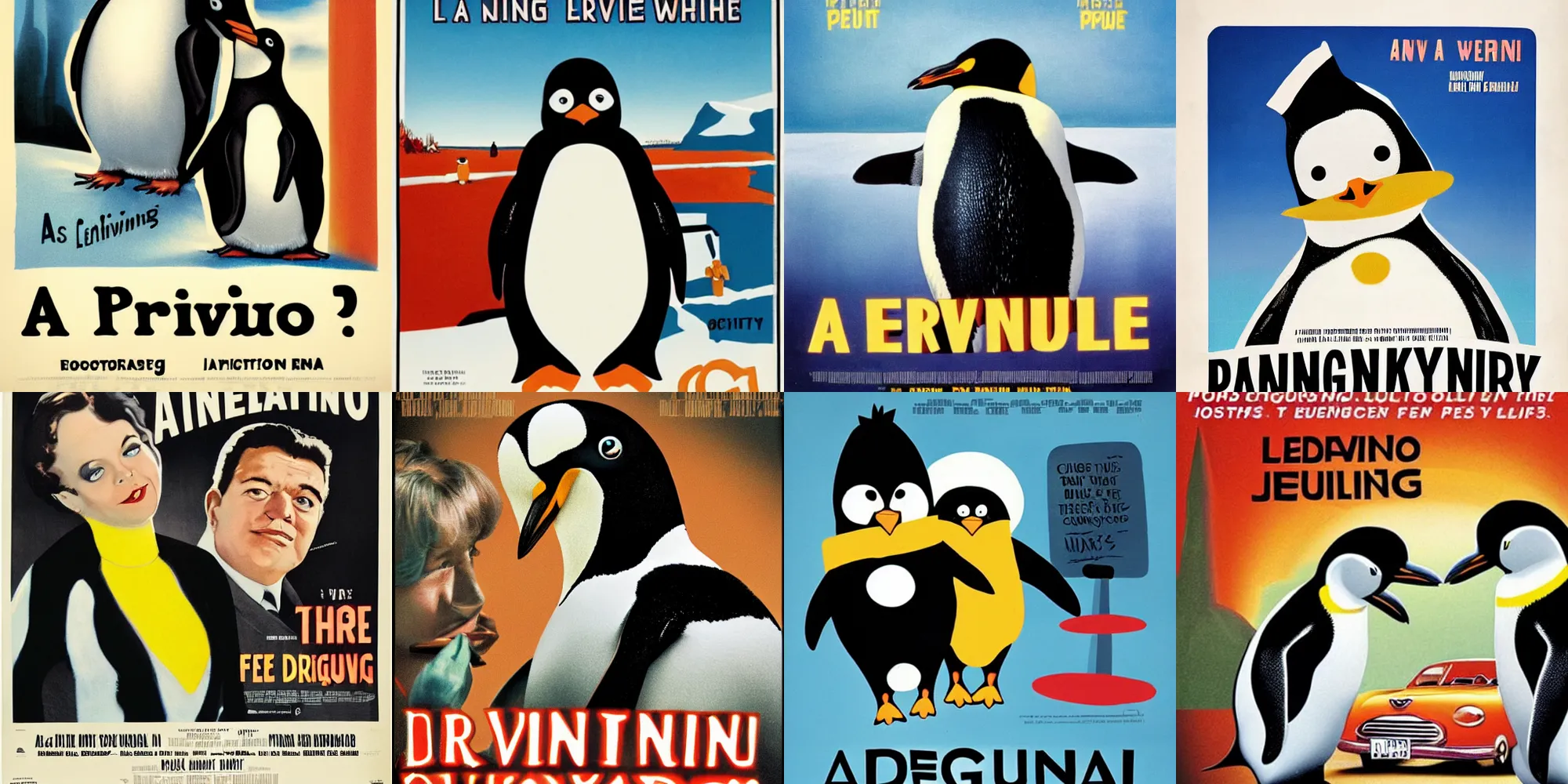 Prompt: a penguin learns to drive, movie poster,