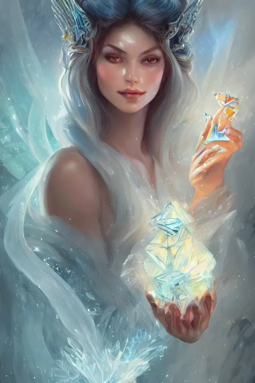 Image similar to face closeup beautiful girl wizard covered with crystals and ice, holding snow and casting magic spell, angel, fantasy, magic the gathering, hyper detailed, 3 d render, hyper realistic detailed portrait, peter mohrbacher