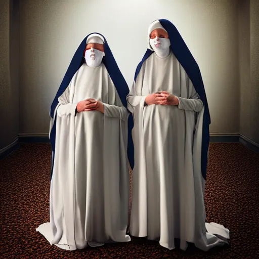 Image similar to hyper realistic, award winning photo two Hovering twin nuns wearing hoods, buxom chested blindfolded wearing translucent veils see through dress, Very long arms, floating nuns, bedroom, eerie, frightening, highly detailed, photorealistic, colorized —width 1024 —height 1024