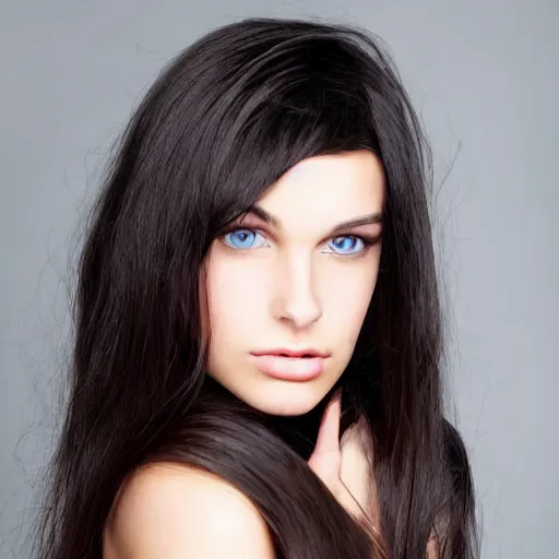 Image similar to raven haired seductive supermodel with stunning light eyes with a beautiful face, fair soft skin, wearing a hoodie