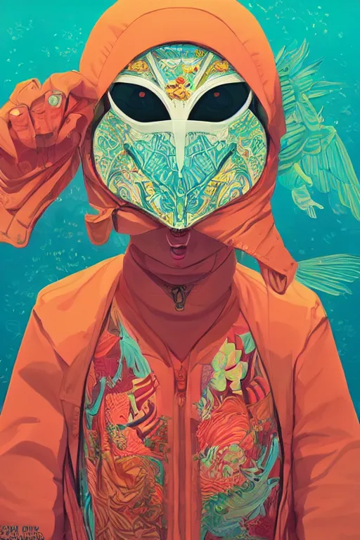 Prompt: a hacker wearing a quetzal mask, Tristan Eaton, victo ngai, artgerm, RHADS, ross draws