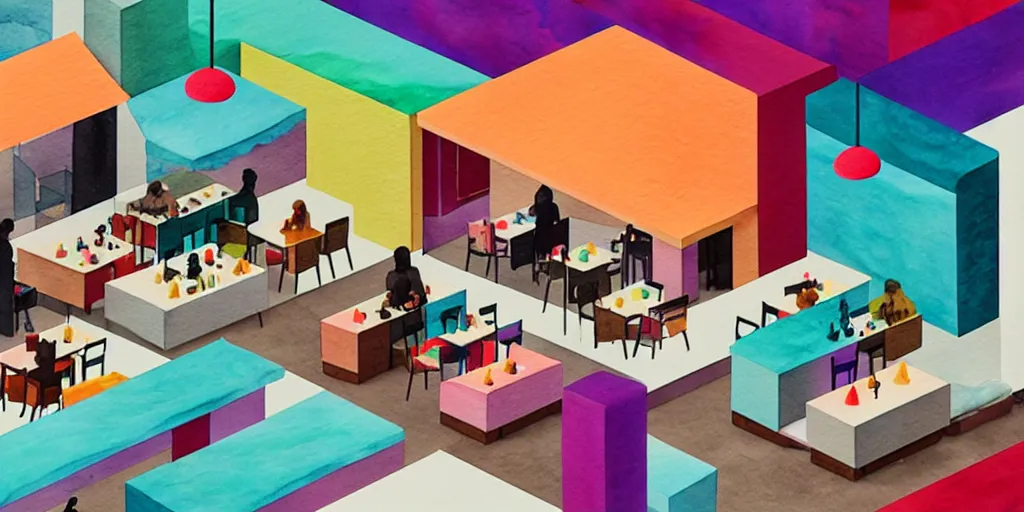 Image similar to an indoor modern cafe, watercolor and wool felting style, design by beeple and kandinsky, isometric style