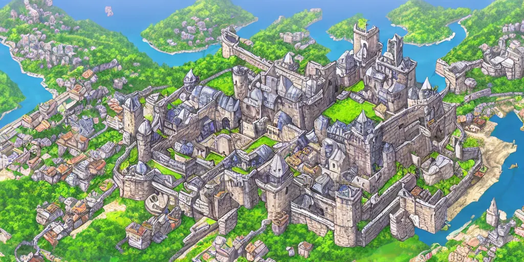 Image similar to Beautiful rectangular walled city state with castle at the top. In style of Lee Myung-jin, Korean MMORPG, manhwa, Ragnarok Online, epic, professional art, digital art, 8K, view from above.