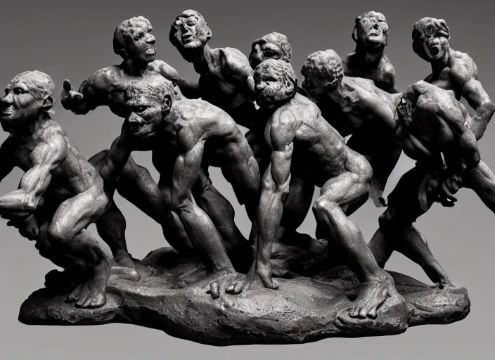 Image similar to a full figure rubber sculpture of a group of fighting goblins, by Michelangelo, dramatic lighting, rough texture, subsurface scattering, wide angle lens