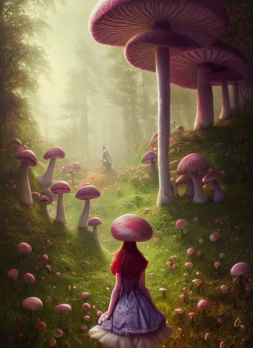 Image similar to alice in wonderland mushrooms detailed clothing, half body shot, arms down, path traced, highly detailed, high quality, digital painting, alena aenami, arnold bocklin, tom bagshaw