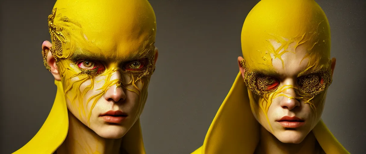 Image similar to hyperrealist highly detailed neo-baroque portrait of high fashion warrior concept art pascal blanche dramatic yellow lighting 8k wide angle shallow depth of field