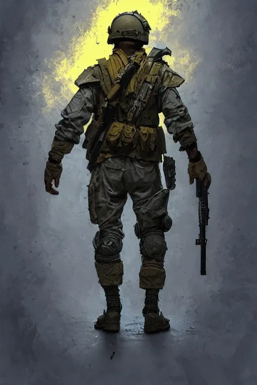 Prompt: a distant shot of a Modern Warfare soldier with blue and yellow uniform standing alone on a pile of skulls as a winner, masculine figure, D&D, fantasy, intricate, elegant, highly detailed, extremely detailed, digital painting, artstation, concept art, matte, sharp focus, symmetrical, illustration, art by Artgerm and Greg Rutkowski and Alphonse Mucha