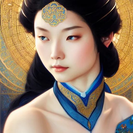 Image similar to ‘elegant Chinese princess, D&D, blue eyes, black hair, fantasy, intricate, elegant, highly detailed, digital painting, artstation, concept art, smooth, sharp focus, illustration, art by artgerm and greg rutkowski and alphonse mucha’