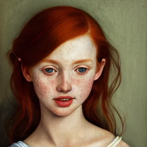 Image similar to portrait of a red haired girl, long hair, green eyes, hint of freckles, beautiful round face, soft amazed smiles, among golden fireflies, highly detailed, deep focus, elegant, digital painting, smooth, sharp focus, golden ratio, illustration, ultra realistic, 8 k, art by artemisia lomi gentileschi and caravaggio