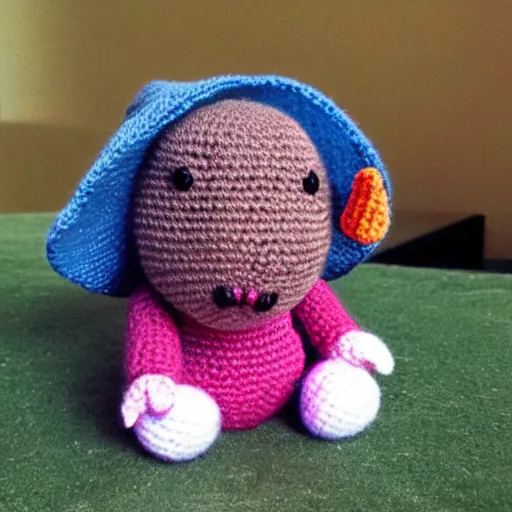 Prompt: amigurumi of a mole rat with colorful knitted cap