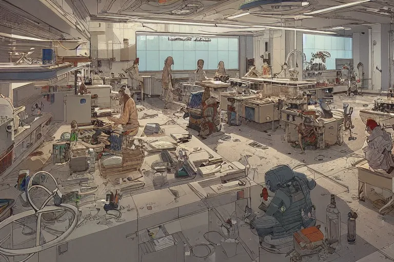 Prompt: a detailed painting of future science laboratory by moebius and geof darrow wlop tooth wu cinematic concept art detailed intricate lines trending on