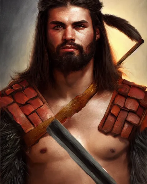 Prompt: portrait of a handsome young barbarian warrior, art by lixin yin and denys tsiperko and bogdan rezunenko, hyperrealism, fantasy art