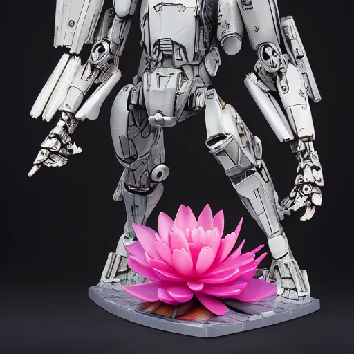 Image similar to futuristic nymphaea themed mecha waterlily upper body, sepals forming helmet, highly detailed, nymphaea, 8 k hd resolution, sazabi, biomechanical, bandai box art, star wars, makoto kobayashi, frank gehry, raymond swanland