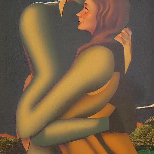 Prompt: cgi, weary by jan van scorel, by ed mell constructivist. a beatiful painting of a man & woman embracing in the rain.