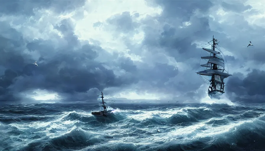 Prompt: ship from one piece sailing, dynamic sky, storm sky, with light piercing through stormy clouds, birds near the ship, rough sea, crepuscular rays, volumetric lighting, pixiv art, cgsociety, highly detailed, anime art, greg rutkowski, symmetrical, artgerm, wlop, anime art