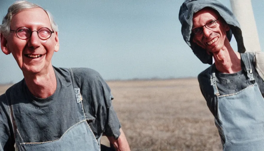 Image similar to far view, extremely skinny malnourished mitch mcconnell, wearing dirty overalls, dirty greasy face, grin, portrait, close up, kodak gold 2 0 0, 5 0 mm,