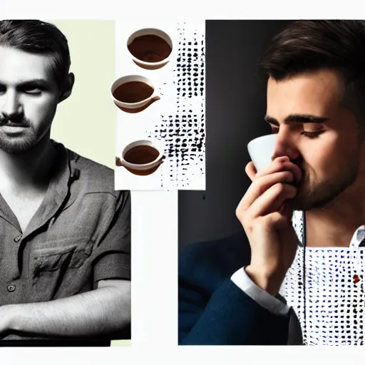 Image similar to collage, sleepy worker man face, fashion model, a cup of coffee, matte, oil painting