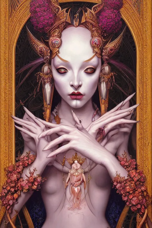 Prompt: symmetrical painting, a beautiful female god in dress, pretty, perfect face, elegant, ornate, luxury, elite, matte painting, by artgrem, by james jean, by brian froud, by wayne barlowe