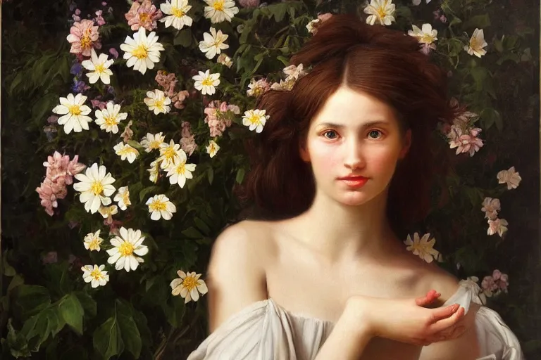 Prompt: hyperrealism, long shot of a young beautiful woman's face hiding in the flowers, in style of classicism