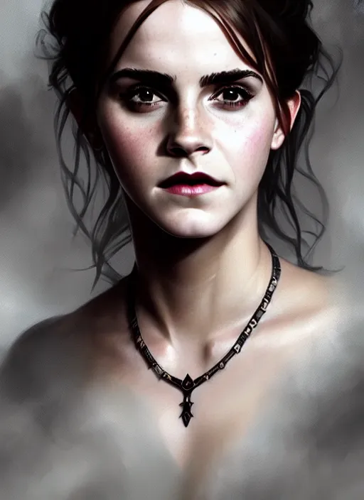 Image similar to portrait of emma watson as a vampire queen, jewelry, greek, black, intricate, headshot, highly detailed, digital painting, artstation, concept art, sharp focus, cinematic lighting, illustration, art by artgerm and greg rutkowski, alphonse mucha, cgsociety