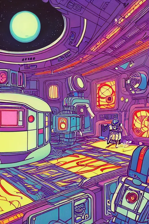 Image similar to a comic panel drawing of a room with a bed in an 8 0 s art deco international space station, robots, led screens, droids, a detailed painting by lisa frank, james jean, kilian eng, moebius, featured on deviantart, psychedelic art, psychedelic, dmt