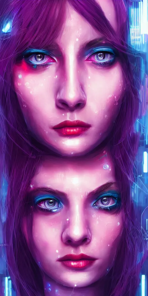 Image similar to A beautiful and detailed portrait of a middle-aged beautiful girl that has bright implants on her face and an angry-desperate look on her eyes. Red eyes trail, bokeh cyberpunk city background, artstation, violet-blue palette, vignette, by artgerm,