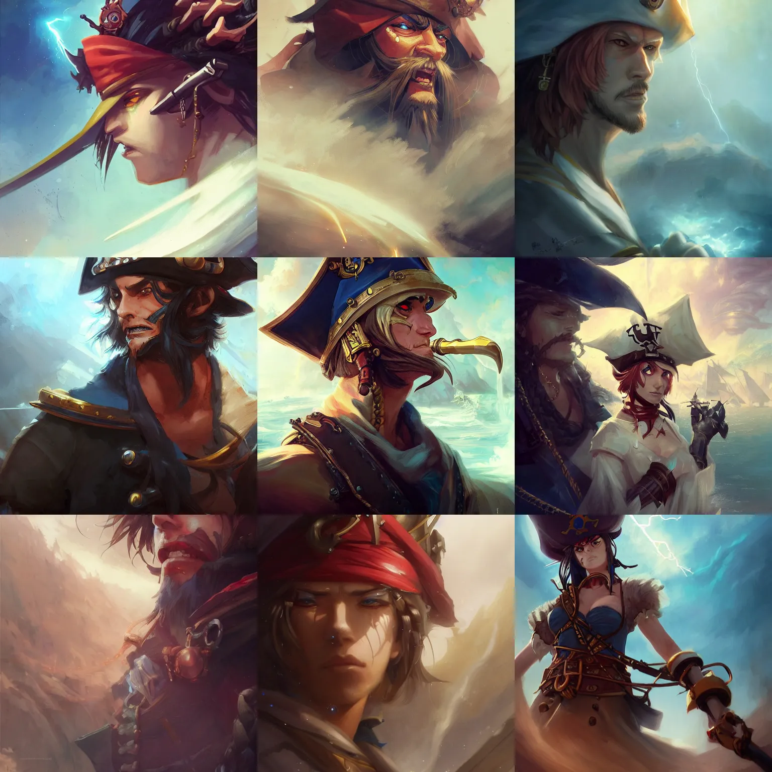 Prompt: a high fantasy anime pirate captain on a ship, by peter mohrbacher and craig mullins, face close up, official media, beautiful, detailed, high quality, wallpaper 4 k, epic, trending on artstation and behance, dynamic lightning