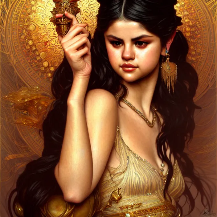 Image similar to ancient queen selena gomez, diffuse lighting, fantasy, intricate, elegant, highly detailed, lifelike, photorealistic, digital painting, artstation, illustration, concept art, smooth, sharp focus, art by john collier and albert aublet and krenz cushart and artem demura and alphonse mucha