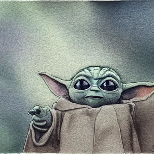 Image similar to high - angle view, baby yoda on a well lit path in a dimly lit forest, dramatic cloudy setting sun, muted color. minimalist, detailed, watercolor, ink ue 5