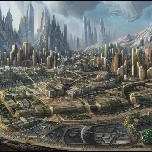 Image similar to matte painting of a sprawling city on the surface of bajor, by syd dutton