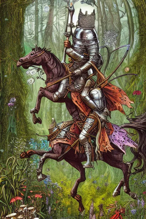 Image similar to medieval knight riding a horse in a magic kingdom overgrown by moss and plants, shiny armor, enchanted forest with fairies, wizards and magic mushrooms in the background, illustrated by james jean, very detailed and colorful and ornamental and floral, comicbook cover