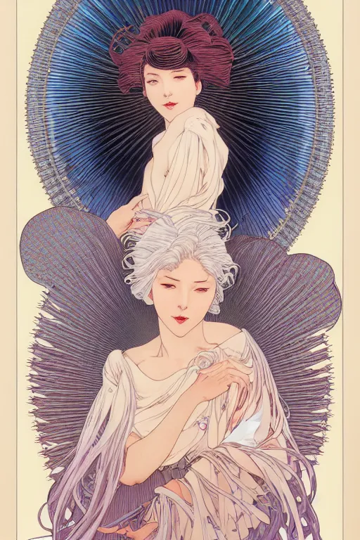 Image similar to magnum opus portrait professional photograph female holding white hair glowing, blush, pleated skirt, flowing hair, slim face, elegant, yukito kishiro, by yoichi hatakenaka, alphonse mucha, masamune shirow, josan gonzales and dan mumford, ayami kojima, takato yamamoto, barclay shaw, karol bak