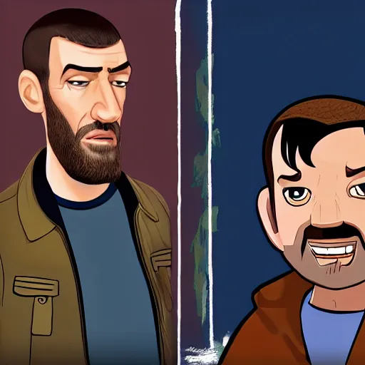 Image similar to niko and roman bellic from gta iv in disney pixar style