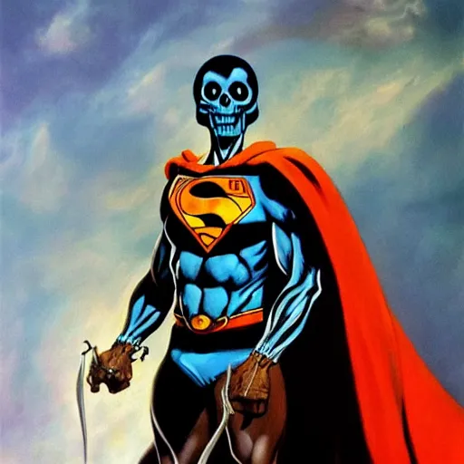 Image similar to ultra realistic portrait painting of skeletor as superman, art by frank frazetta, 4 k, ultra realistic, highly detailed, epic lighting