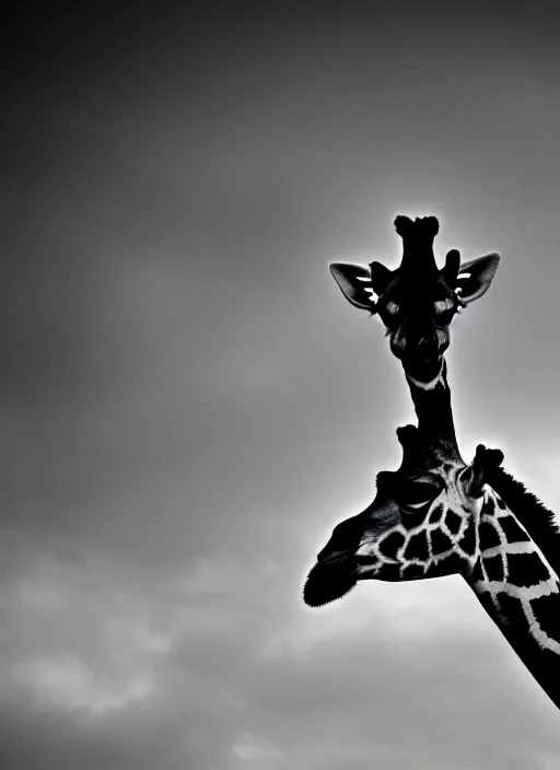 Image similar to two giraffe black and white portrait white sky in background