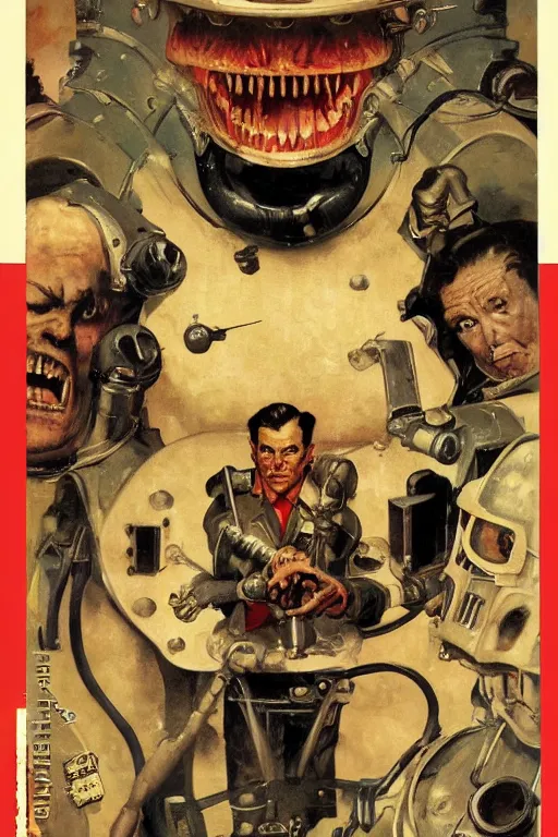 Image similar to 5 0 s pulp scifi fantasy illustration full body portrait monster wrecking laboratory, by norman rockwell, edd cartier, roberto ferri, jack kirby, howard v brown, ruan jia, jason fabok, tom lovell, frank r paul, dean cornwell, astounding stories, amazing, fantasy, other worlds