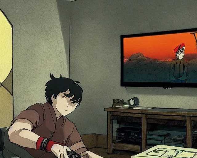 Image similar to beautiful art by studio ghibli of my friend mark kidd playing fallout new vegas on the xbox 3 6 0 in his dark living room. he is illuminated by the glow of the tv. cinematic composition, anime.