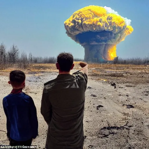 Image similar to radiation eats a ukrainian and his children alive wild pain and desperate selfies, everyone is dressed in dirty blue - yellow rags against the backdrop of a huge nuclear explosion from which the skin has already burned to the bone